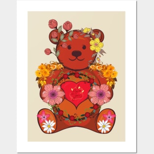 A Bear And The Vintage Flowers suitable for tshirt sweatshirt sweaters and hoodies for man women and kids Posters and Art